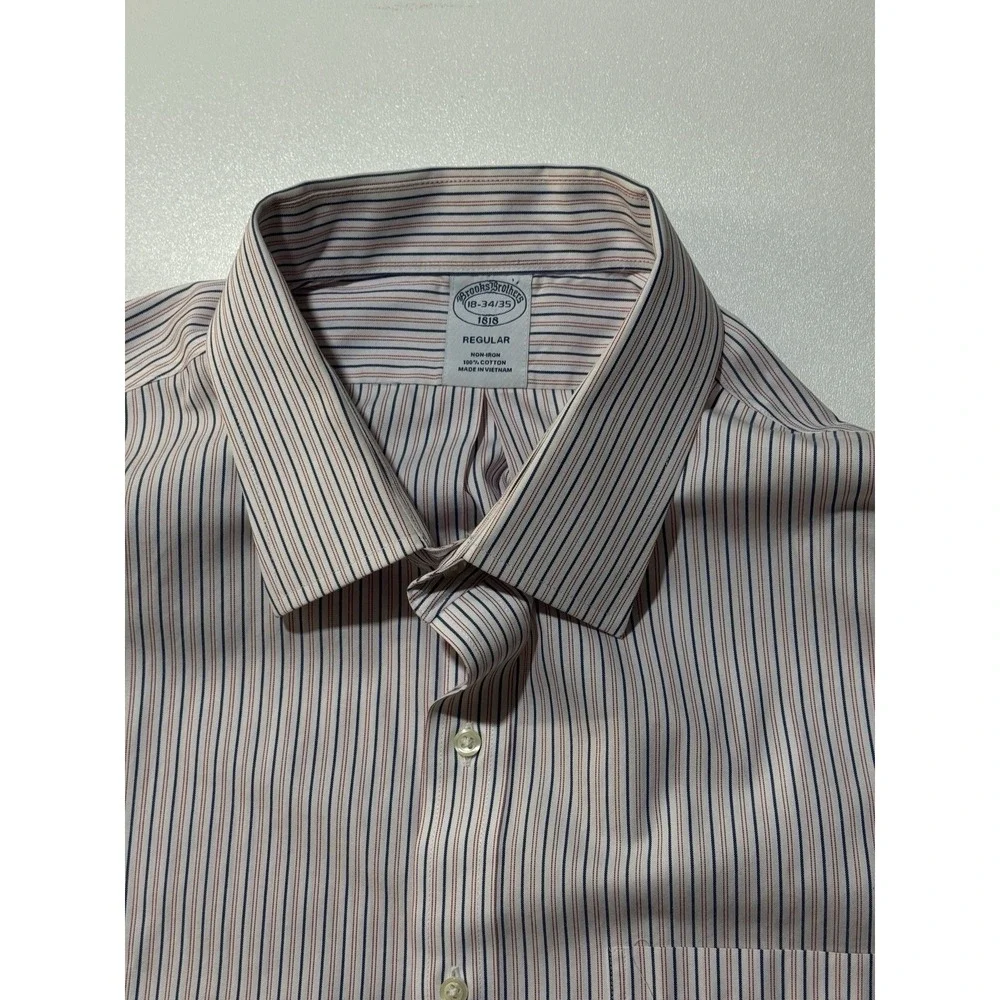 Brooks Brothers Dress Shirt 18 34 - 3 Red Blue Vertical Striped‎ Button Down